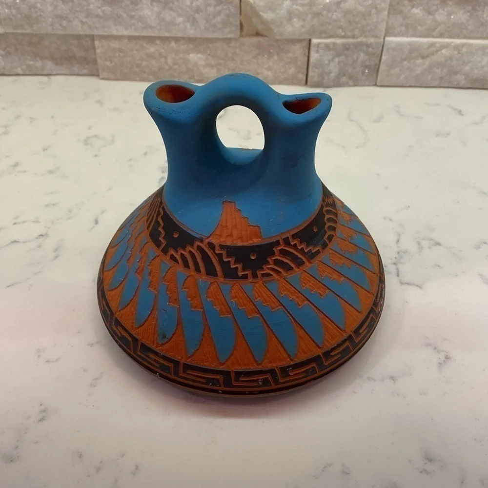 Pottery Hand Etched Wedding Vase.Red clay and powder blue and black color